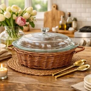 VINTAGE Jeannette Wickerware Glass Baking Dish Casserole Bowl with Lid